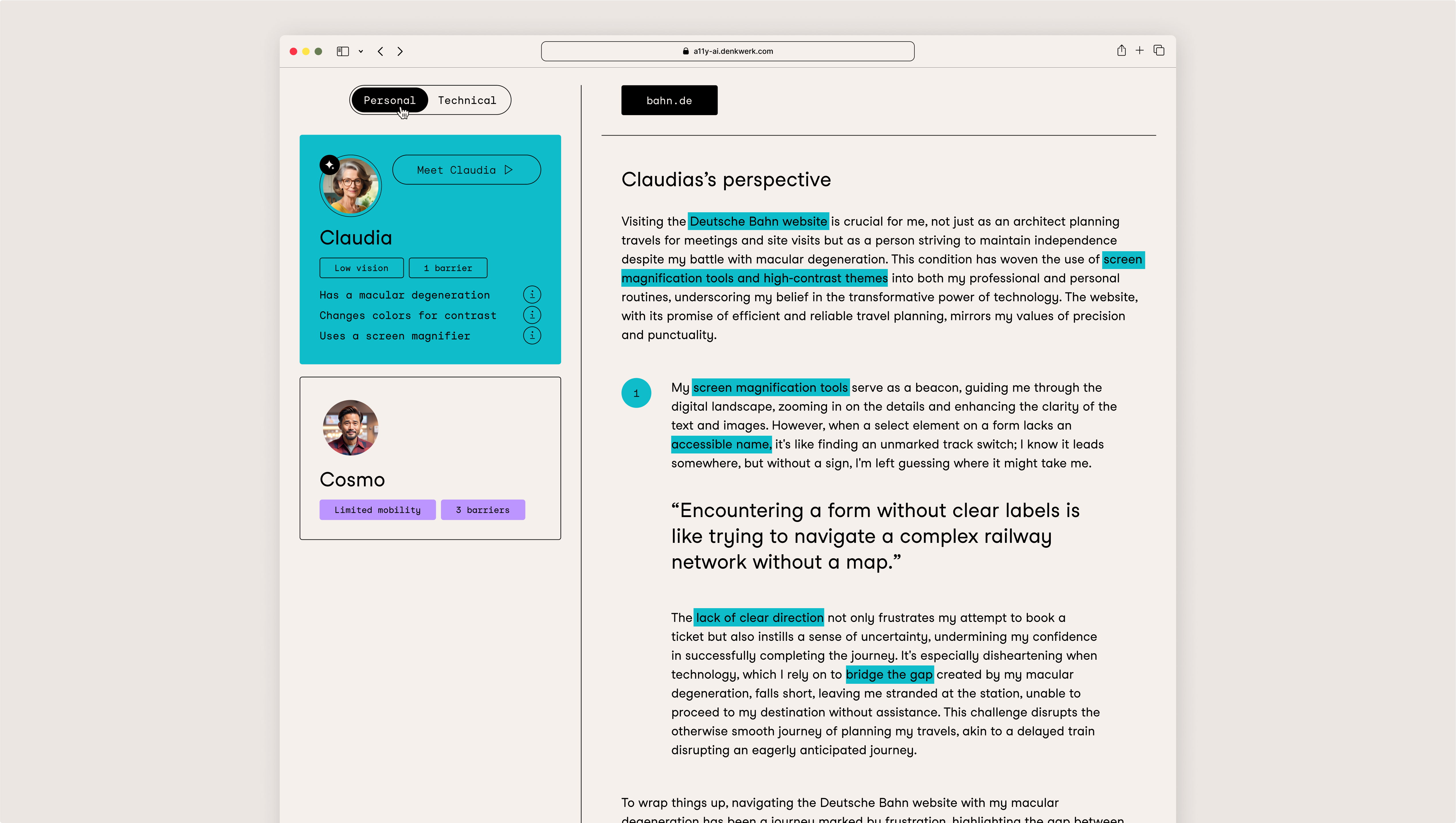 A11y-AI result page. Showing an empathy report from the perspective that’s mostly inpacted on the scanned website.