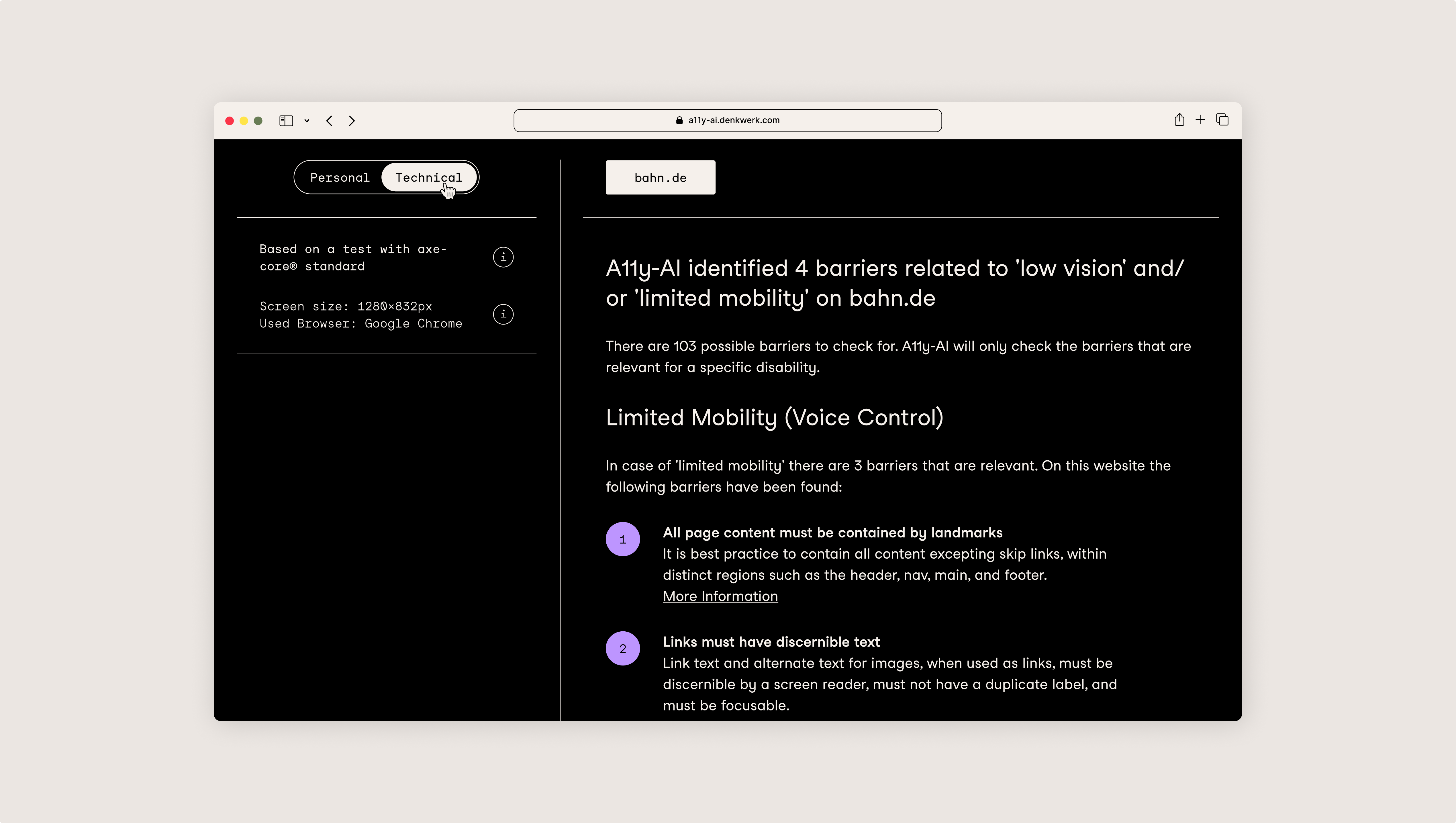 A11y-AI technical report page, showing an overview of all accessibility errors found on the website.