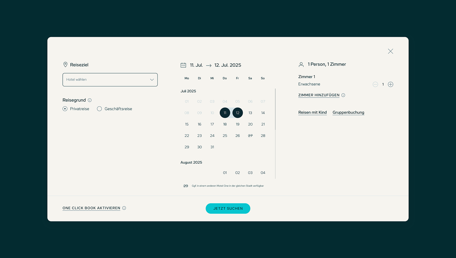 Booking form overlay showing a destination dropdown, a calendar with July 11–12, 2025 selected, and a guest/room selector on a dark green background.