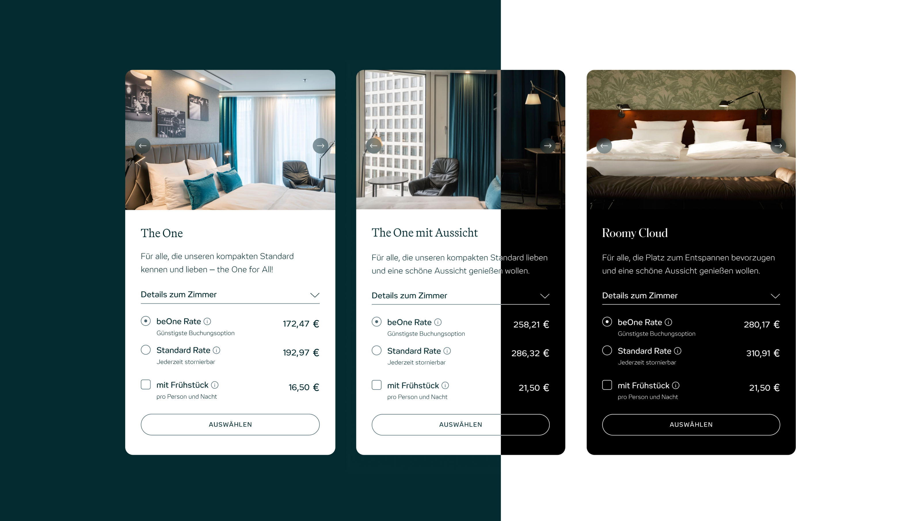 Three hotel room offer screens for "The One", "The One with View" and "Roomy Cloud", each showing a room photo, title, and price on a split dark green-and-white background.